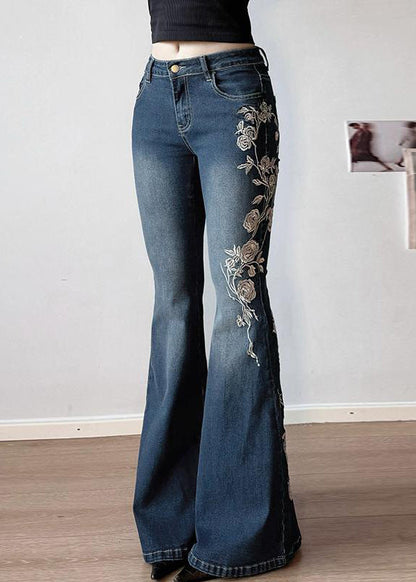 Pantalon bleu brodé en denim taille haute, coupe slim évasée, été