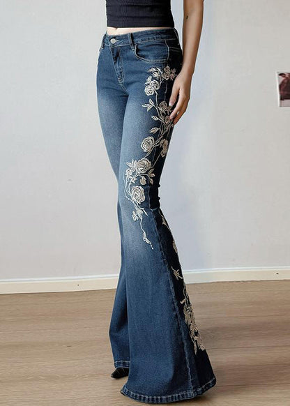 Pantalon bleu brodé en denim taille haute, coupe slim évasée, été
