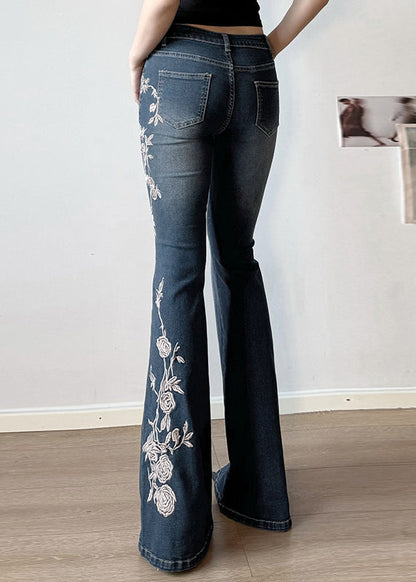 Pantalon bleu brodé en denim taille haute, coupe slim évasée, été