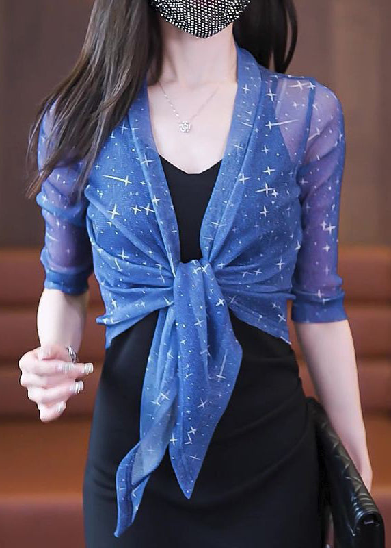 Slim Fit Blue V Neck Lace Up Tulle Cardigan Summer Ada Fashion