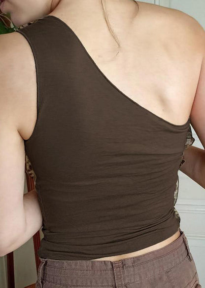 Débardeur asymétrique en coton sans manches marron, coupe slim, patchwork