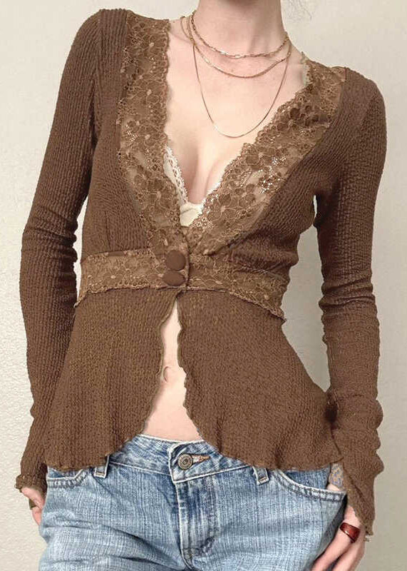 Lace Tops Knit Brown Fit Spring Patchwork Slim