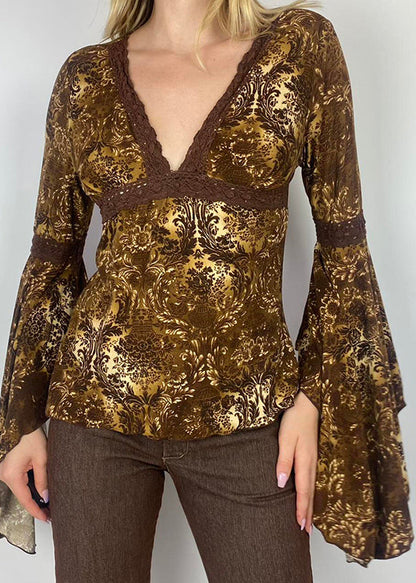 Haut en dentelle patchwork coupe slim marron à col en V et manches évasées WP028