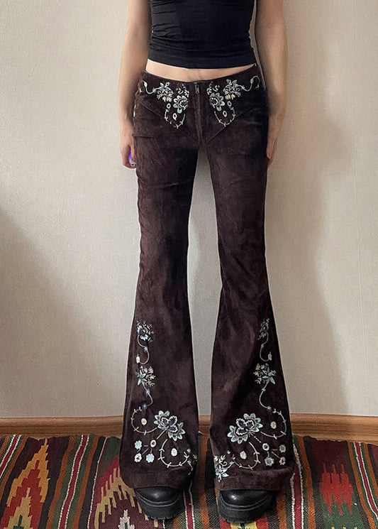 Pantalon évasé ajusté en denim floral chocolat brodé slim