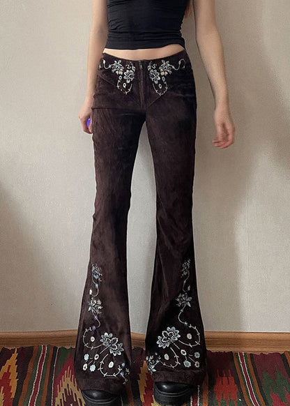 Pantalon évasé ajusté en denim floral chocolat brodé slim