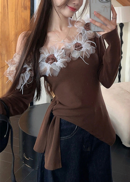 Haut slim à épaules dénudées et motif patchwork floral, couleur café, noué au poignet, printemps RP026