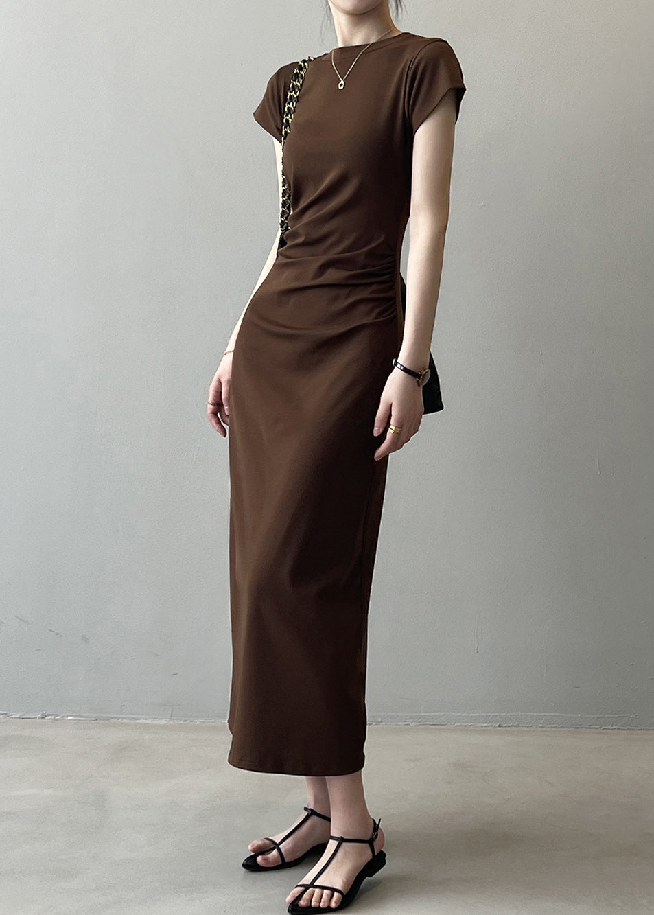 Slim Fit Coffee Solid Cotton Long Dresses Summer QE006