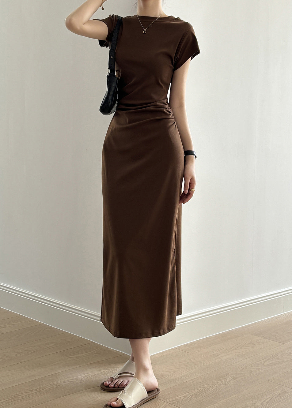 Slim Fit Coffee Solid Cotton Long Dresses Summer QE006