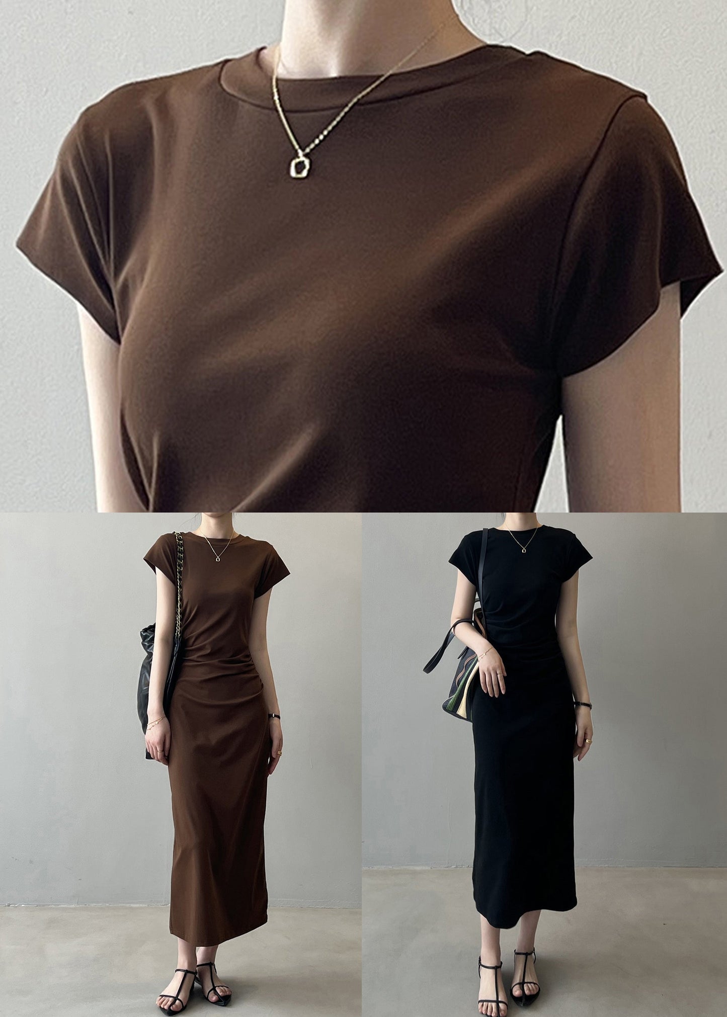 Slim Fit Coffee Solid Cotton Long Dresses Summer QE006