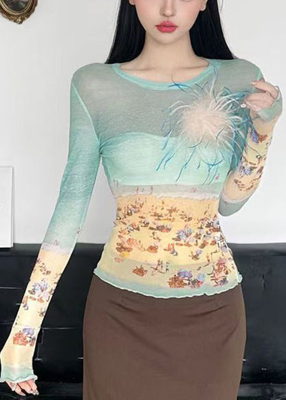 Fit O-Ausschnitt Sommerhemden Tüll T Colorblock Print Slim