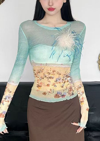 Fit O-Ausschnitt Sommerhemden Tüll T Colorblock Print Slim