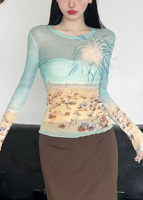 Fit O-Ausschnitt Sommerhemden Tüll T Colorblock Print Slim