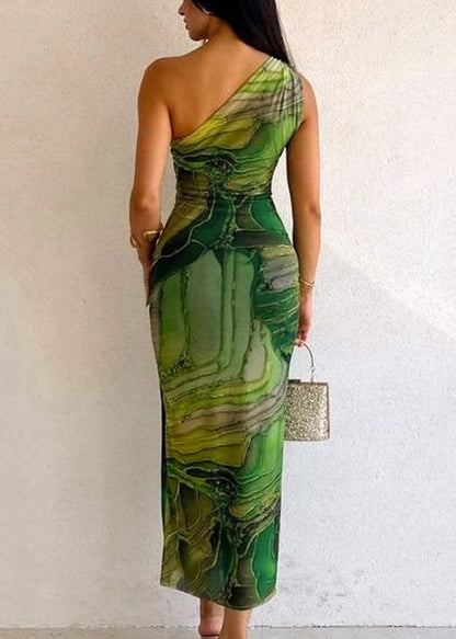 Kleid aus Baumwolle im Slim Fit, ärmellos, kalt, grün, mit langem Schulterprint