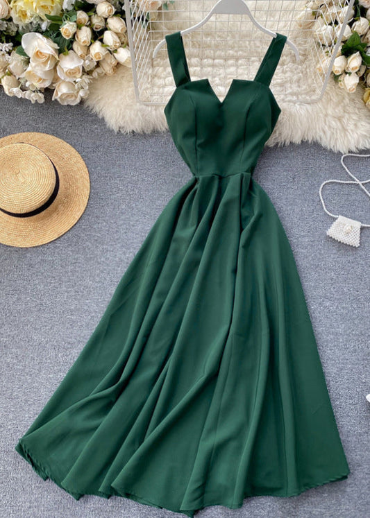 Slim Fit Green Cold Shoulder Solid Cotton Spaghetti Strap Dress Sleeveless TR039