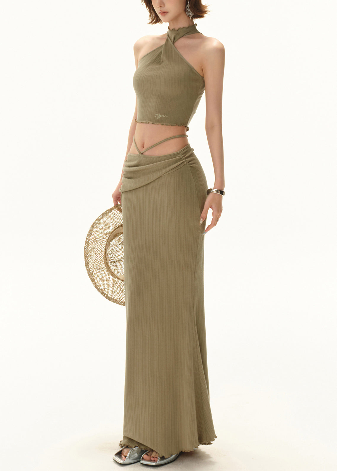 Fit Knit Up Grün Ärmellos Zwei Hohle Spitze Schlanke Set Teile