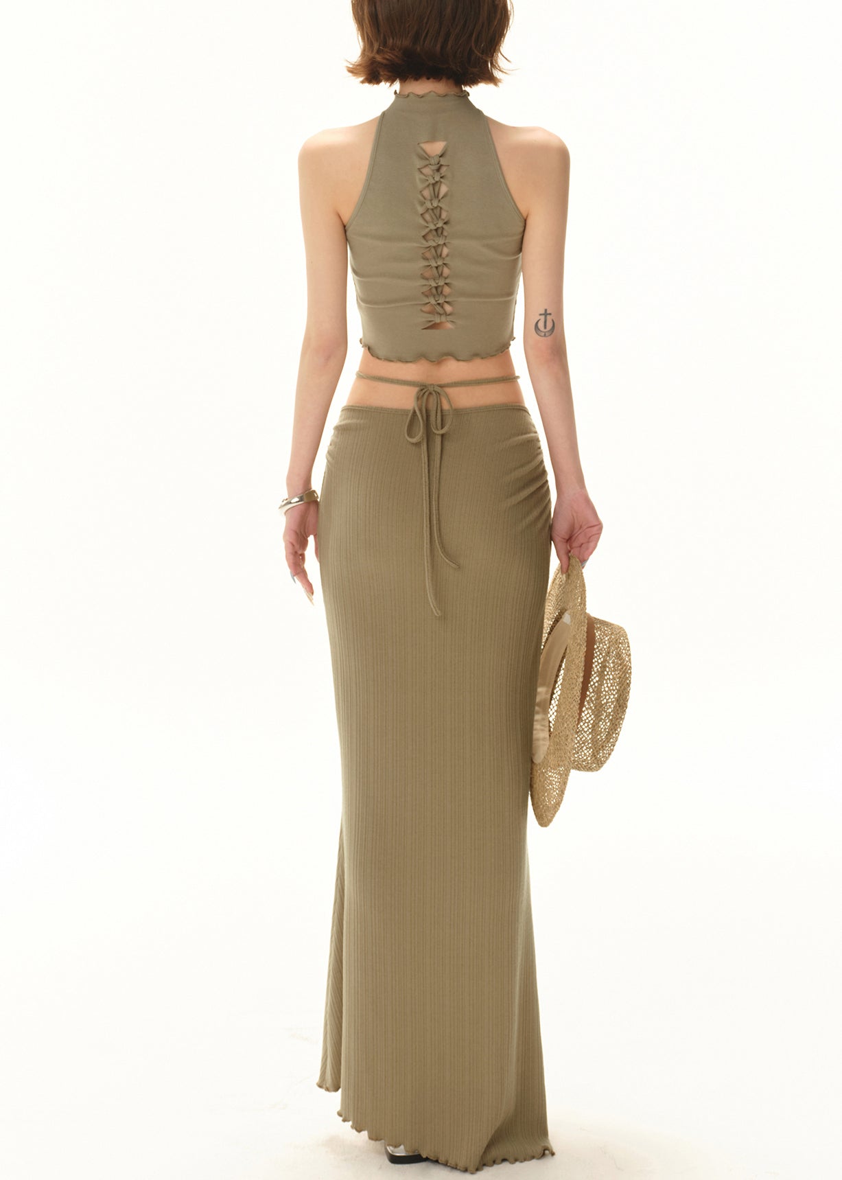 Fit Knit Up Grün Ärmellos Zwei Hohle Spitze Schlanke Set Teile