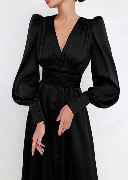 Robe longue en soie froissée à col en V vert coupe ajustée et manches bouffantes ZL061