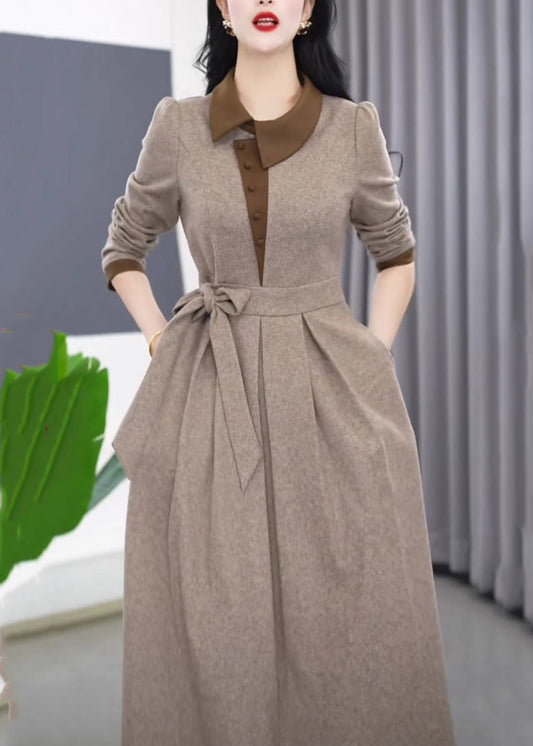 Robe longue grise asymétrique ajustée à nouer à la taille, hiver RF034