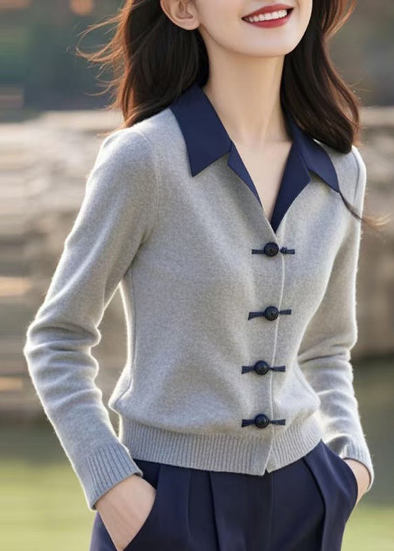 Pull en tricot à boutons et col Claudine gris coupe slim, printemps TF038
