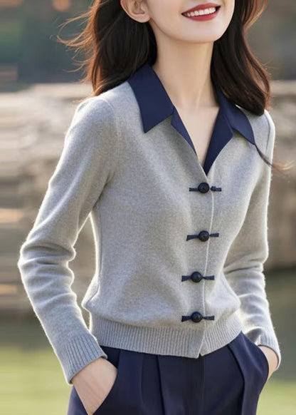 Pull en tricot à boutons et col Claudine gris coupe slim, printemps TF038
