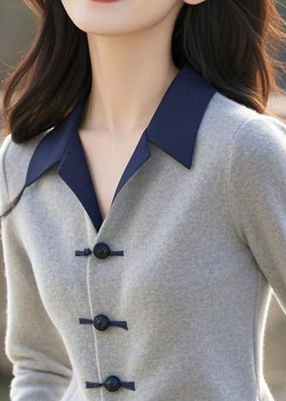 Pull en tricot à boutons et col Claudine gris coupe slim, printemps TF038