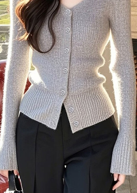 Slim Fit Grauer Strickpullover mit V-Ausschnitt und Knöpfen, Frühling TO011