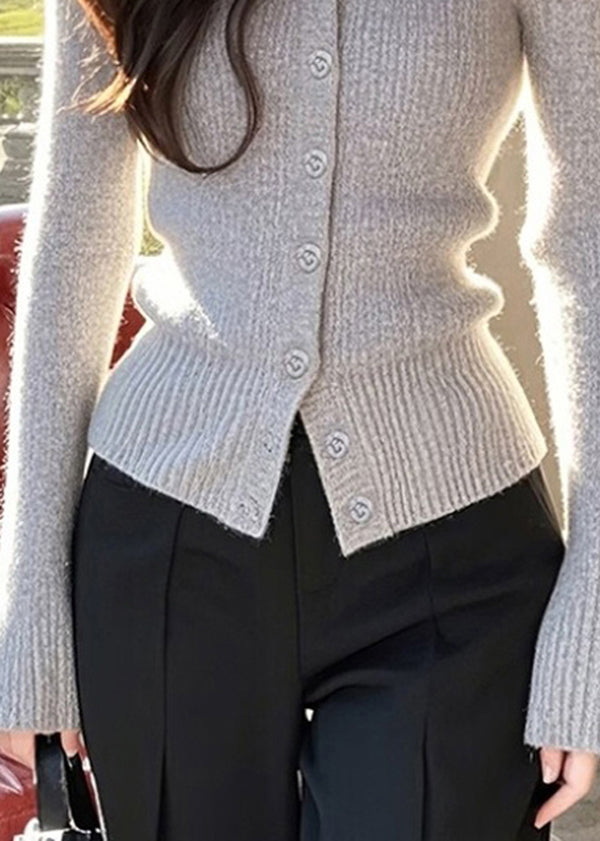 Slim Fit Grauer Strickpullover mit V-Ausschnitt und Knöpfen, Frühling TO011