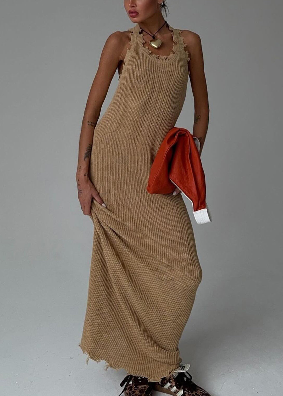 Slim Fit Khaki O Neck Solid Knit Maxi Dresses Sleeveless BB058