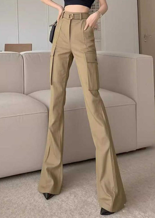 Pantalon évasé en coton avec poches fines et taille haute, coupe printemps, kaki