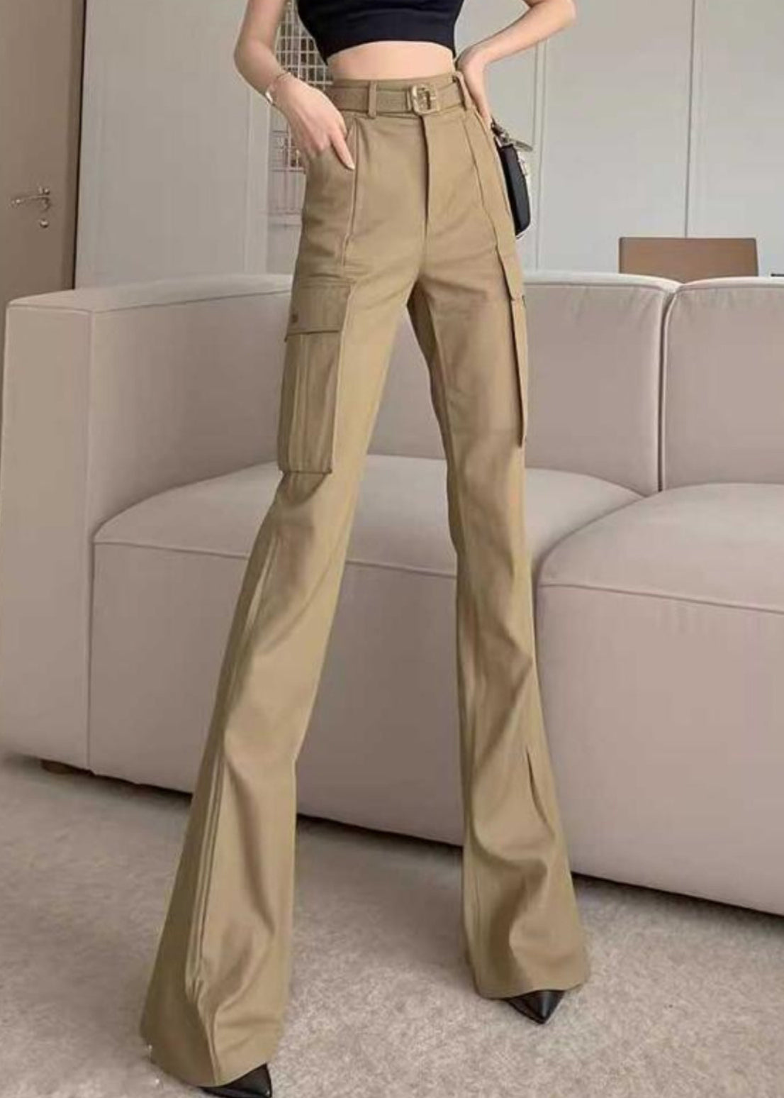 Pantalon évasé en coton avec poches fines et taille haute, coupe printemps, kaki
