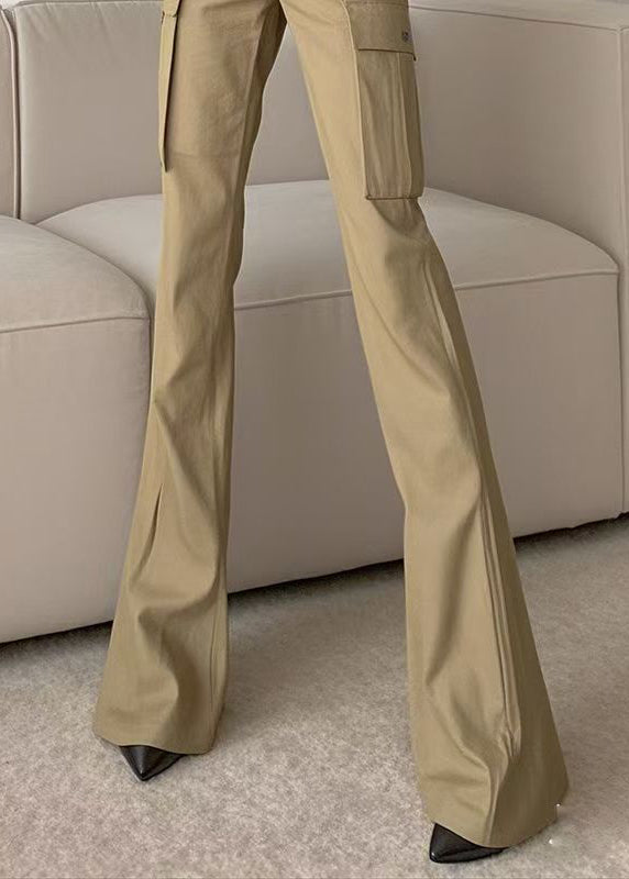 Pantalon évasé en coton avec poches fines et taille haute, coupe printemps, kaki
