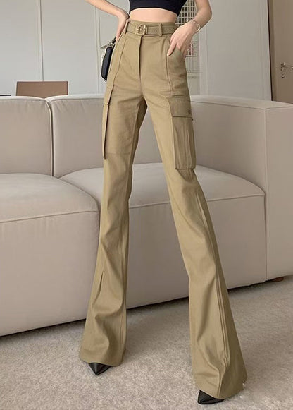 Pantalon évasé en coton avec poches fines et taille haute, coupe printemps, kaki