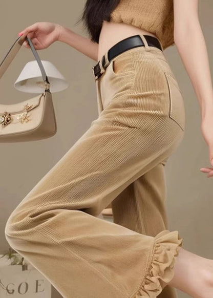 Flared Fall Trousers Corduroy Waist Fit Ruffled High Slim Khaki