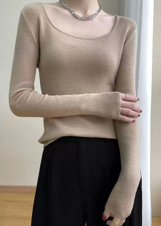 Slim Fit Light Camel O Neck Solid Wool Knit Top Fall QI012