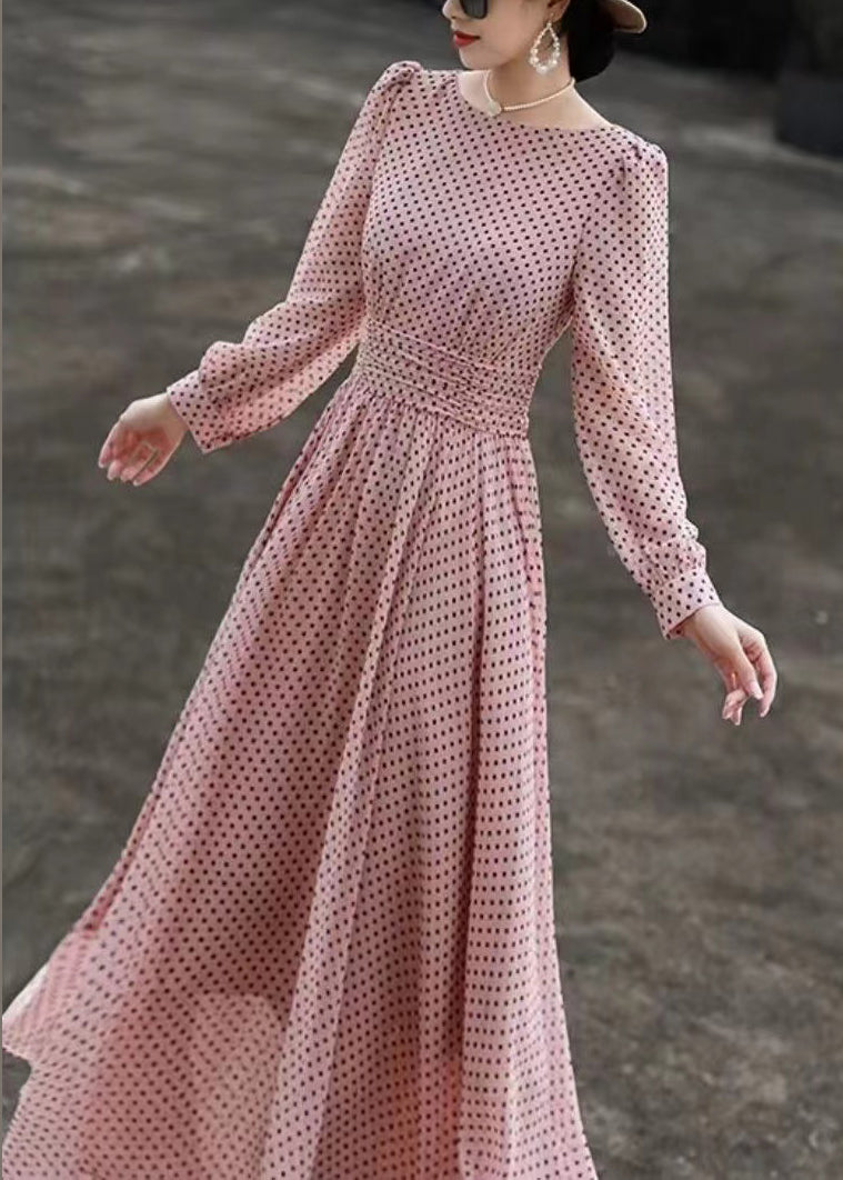 Slim Fit Pink Dot O Neck Chiffon Dresses Long Sleeve EE1019