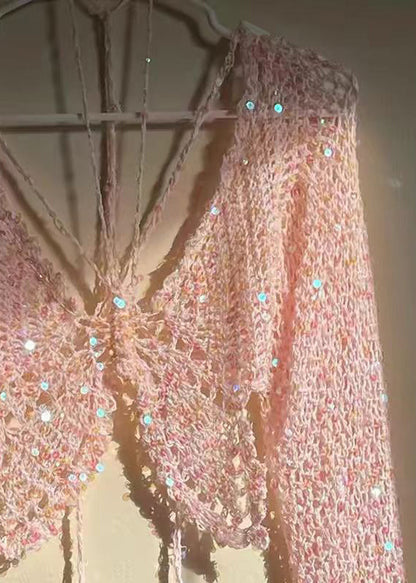 Haut en tricot à paillettes ajourées coupe slim rose à manches longues OP1006