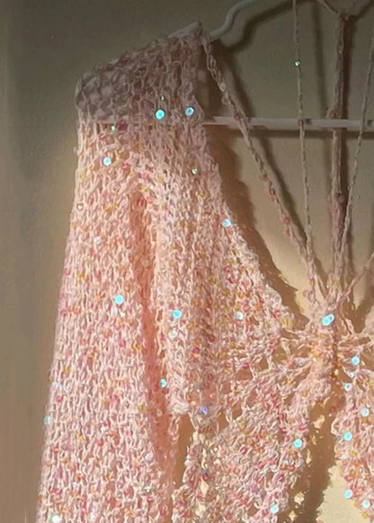Haut en tricot à paillettes ajourées coupe slim rose à manches longues OP1006