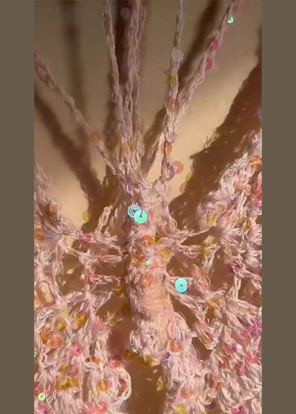 Haut en tricot à paillettes ajourées coupe slim rose à manches longues OP1006