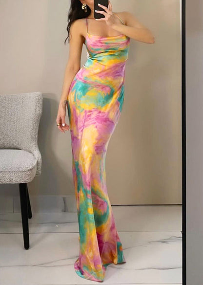 Ärmelloses Kleid mit hohem Bund und Print, schmale Spaghettiträger, rosa Passform