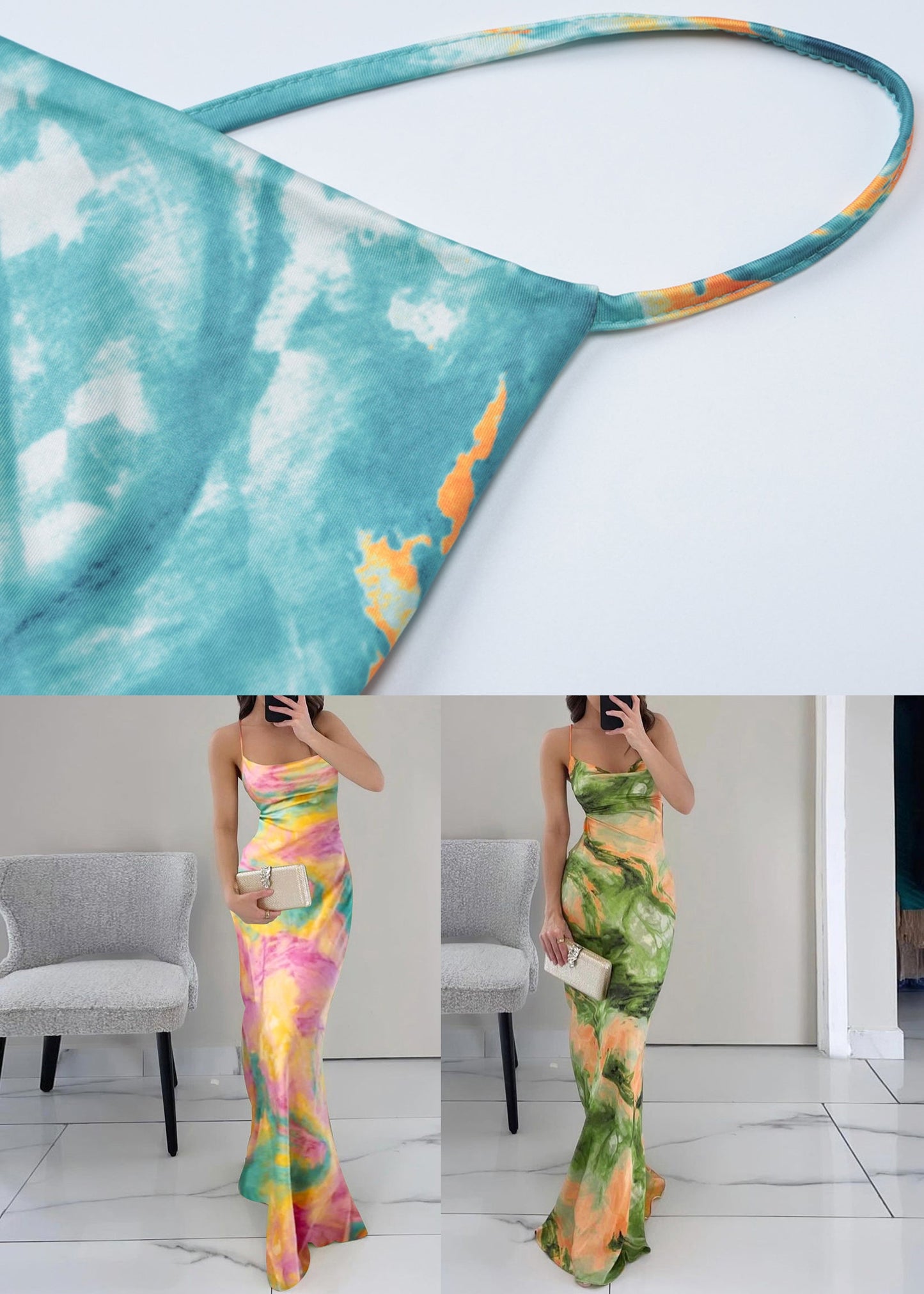 Ärmelloses Kleid mit hohem Bund und Print, schmale Spaghettiträger, rosa Passform