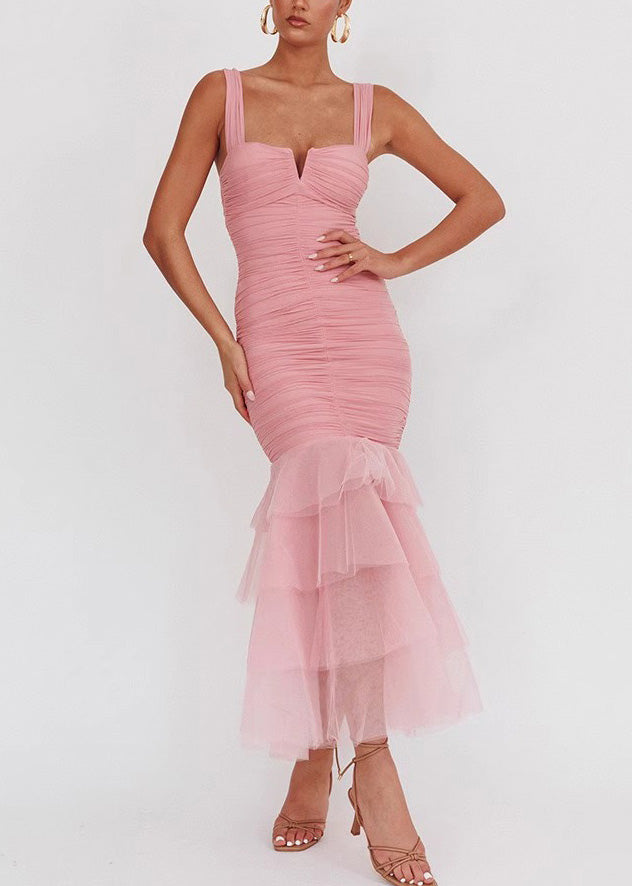 Ärmelloses, faltiges, langes, schmales Kleid aus Tüll im Patchwork-Stil Rosa