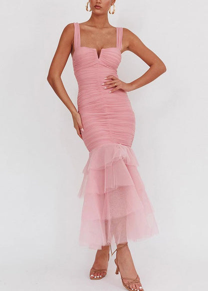 Ärmelloses, faltiges, langes, schmales Kleid aus Tüll im Patchwork-Stil Rosa