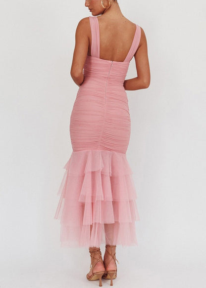 Ärmelloses, faltiges, langes, schmales Kleid aus Tüll im Patchwork-Stil Rosa