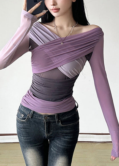 Asymmetrical Shirts Tulle T Patchwork Fit Slim Purple Spring