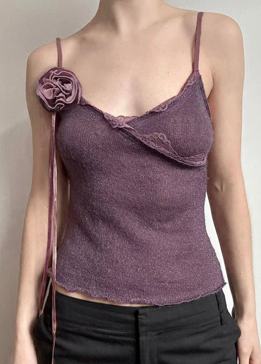 Gilet en tricot slim à fleurs violettes en coton à bretelles spaghetti en dentelle