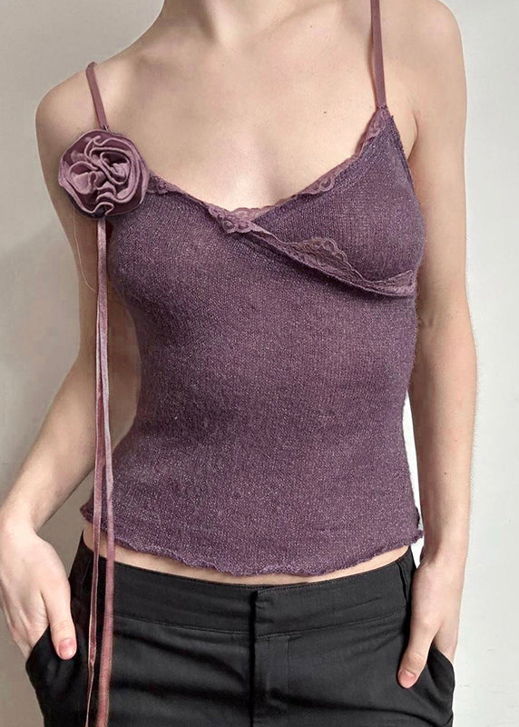 Gilet en tricot slim à fleurs violettes en coton à bretelles spaghetti en dentelle