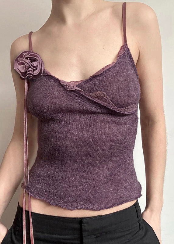 Gilet en tricot slim à fleurs violettes en coton à bretelles spaghetti en dentelle