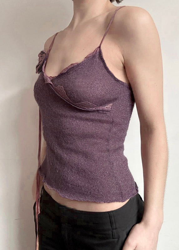 Gilet en tricot slim à fleurs violettes en coton à bretelles spaghetti en dentelle