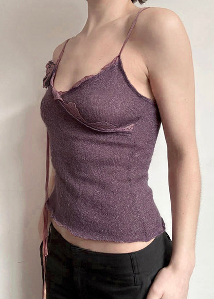 Gilet en tricot slim à fleurs violettes en coton à bretelles spaghetti en dentelle