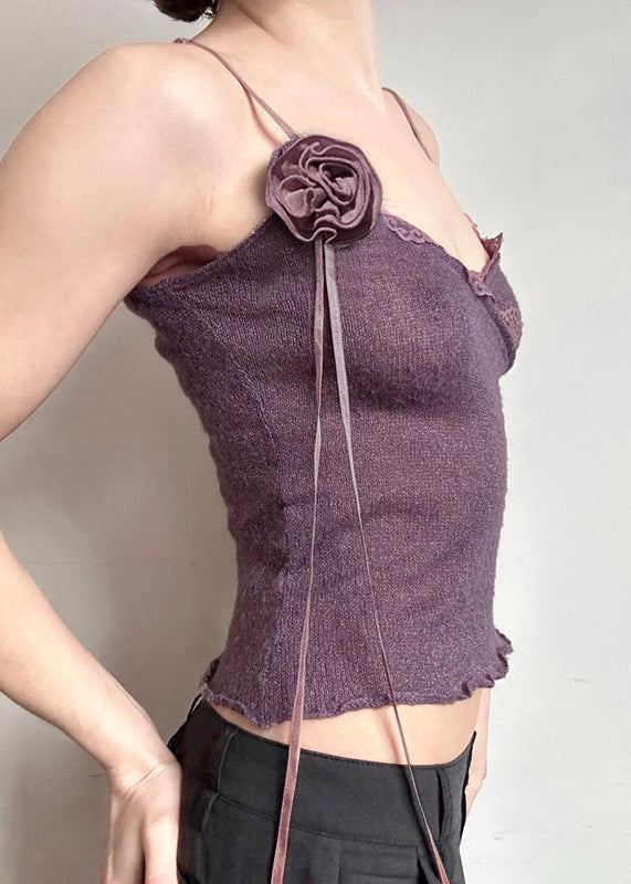 Gilet en tricot slim à fleurs violettes en coton à bretelles spaghetti en dentelle